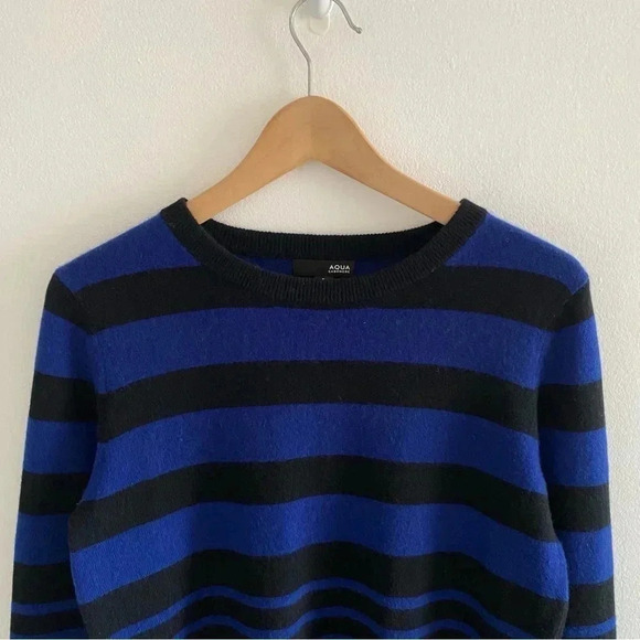AQUA Cashmere Sweater Striped Blue Black Sz XS - Picture 2 of 5